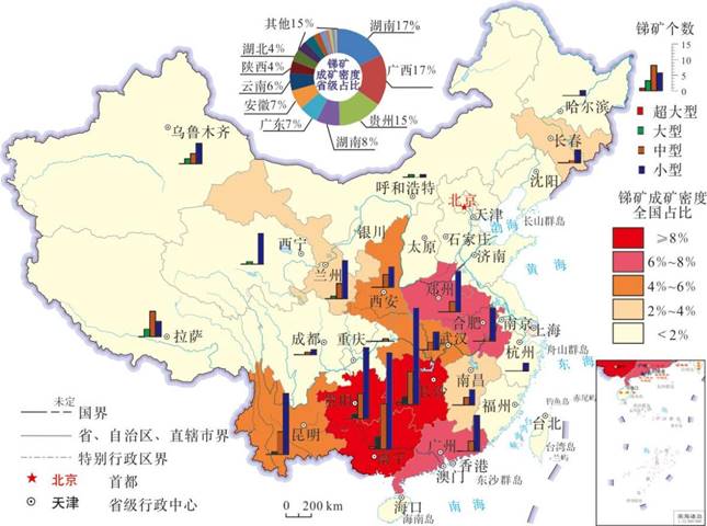 图2－6  中国锑矿成矿密度省级分布图