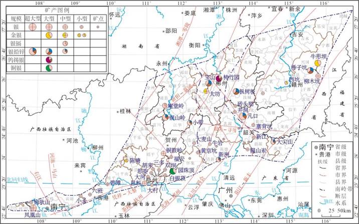图15－1 南岭成矿带贵金属和主要有色金属矿床分布概图