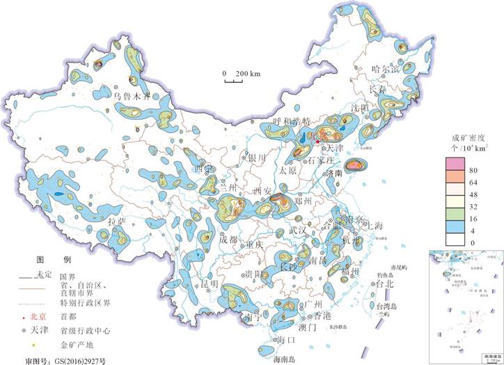 图2－14  中国金矿成矿密度等值线图